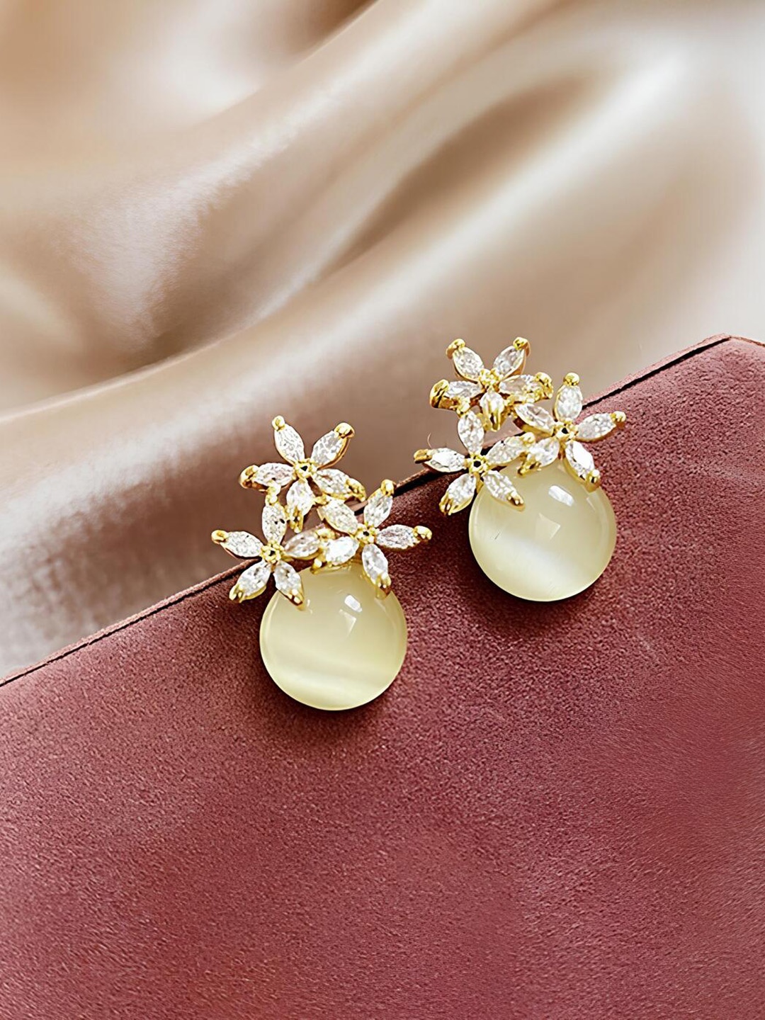 

ANNA CREATIONS Gold-Plated Stone-Studded & Pearl Beaded Floral Drop Earrings