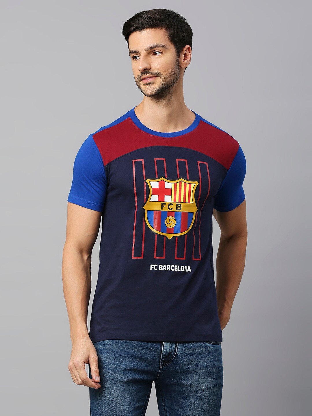 FanCode Barcelona Printed Cotton Casual T-shirt, Navy blue