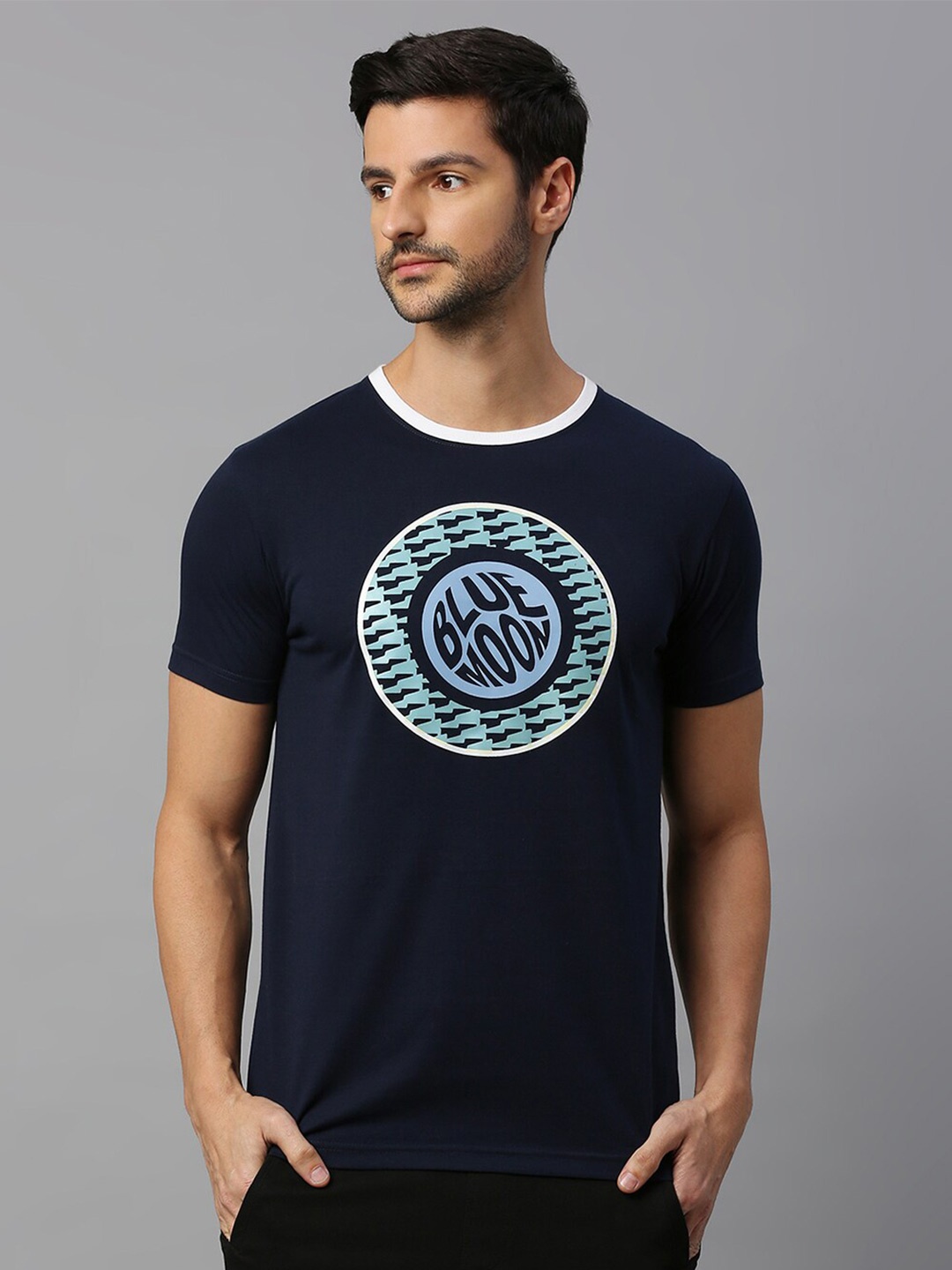 

FanCode Graphic Printed Regular Fit Cotton Casual T-shirt, Navy blue