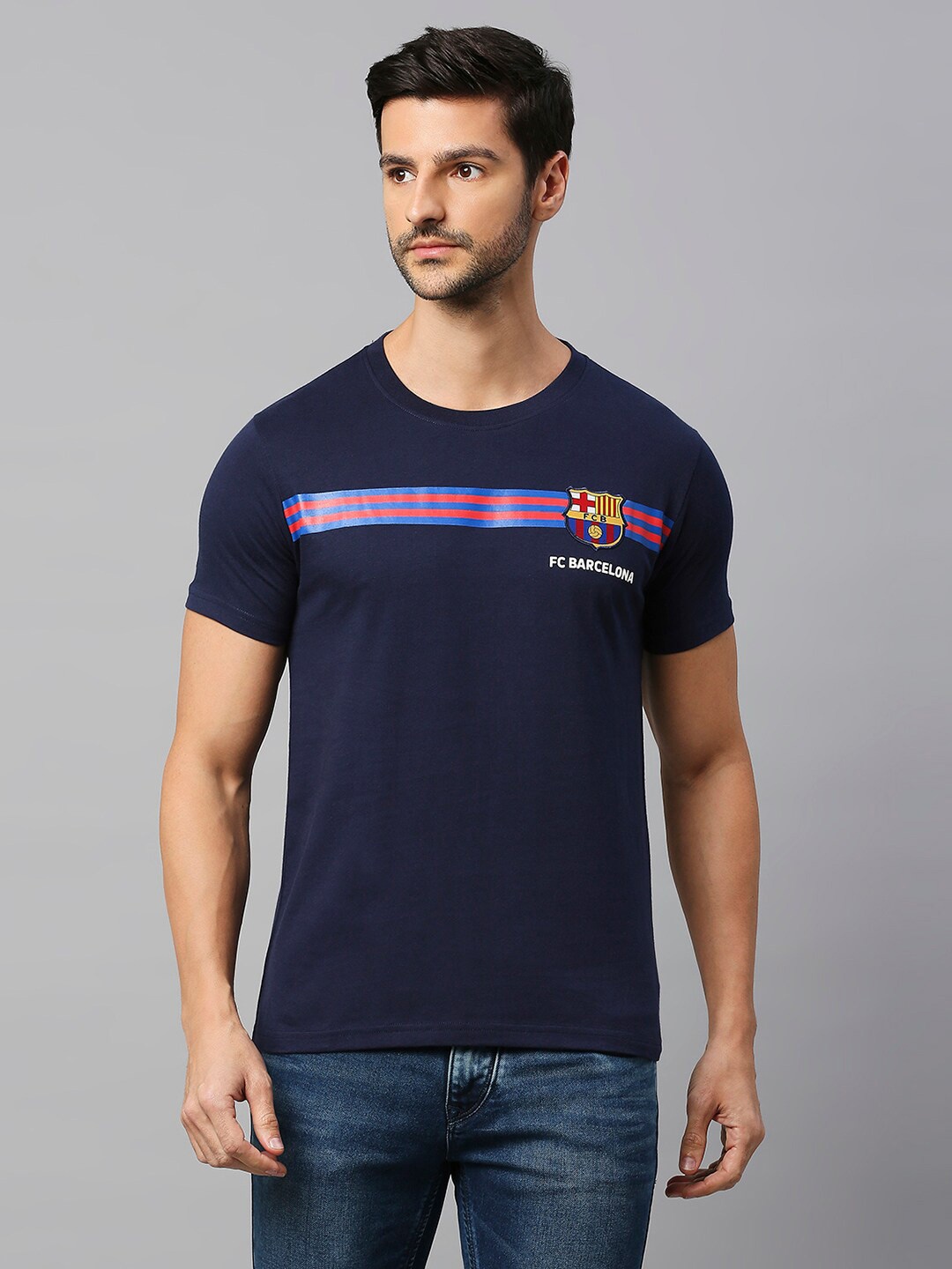 

FanCode Barcelona Printed Cotton Casual T-shirt, Navy blue