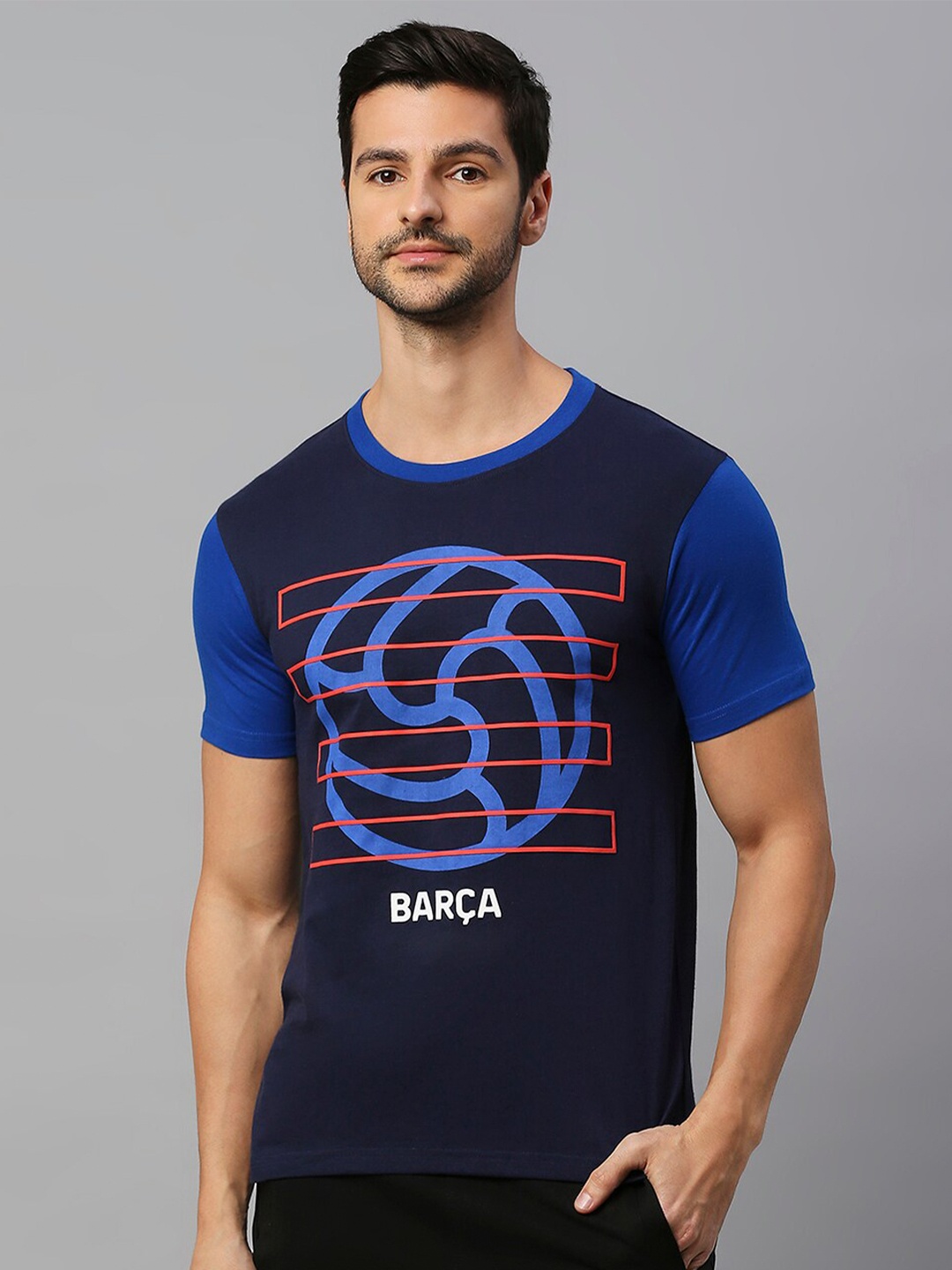 FanCode Barcelona Printed Regular Fit Cotton Casual T-shirt, Navy blue