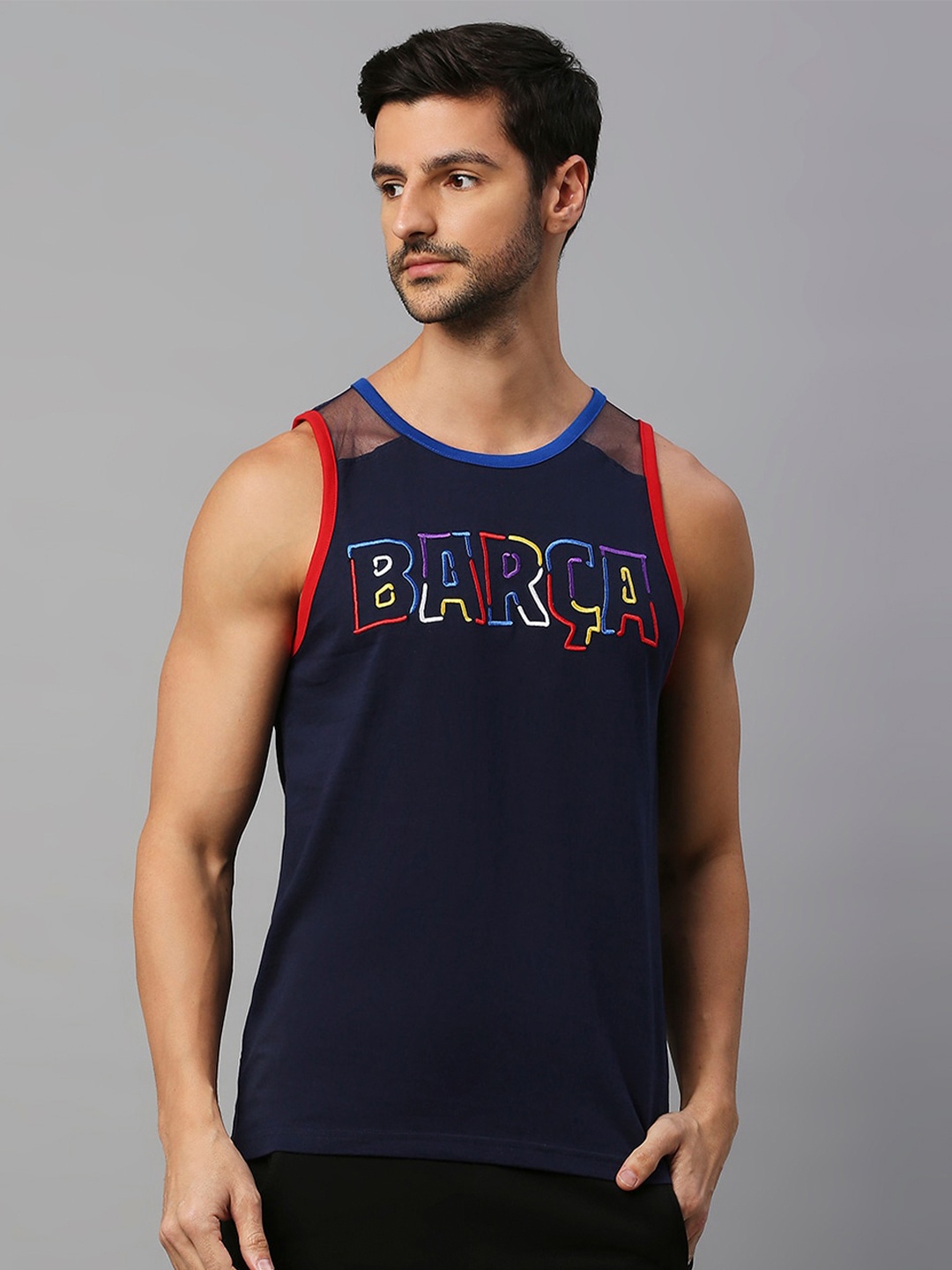 

FanCode Typography Printed Sleeveless Cotton Casual T-shirt, Navy blue