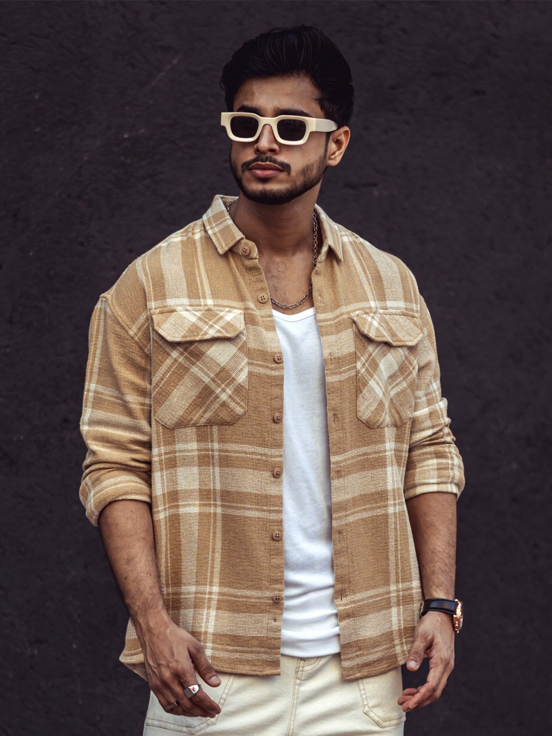 

Powerlook Beige Oversized India Slim Fit Tartan Checked Casual Oversized Shirt