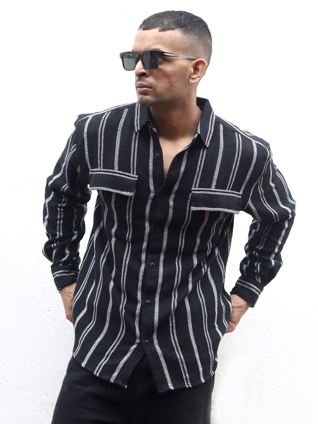 

Powerlook Black & White India Slim Striped Oversized Casual Shirt