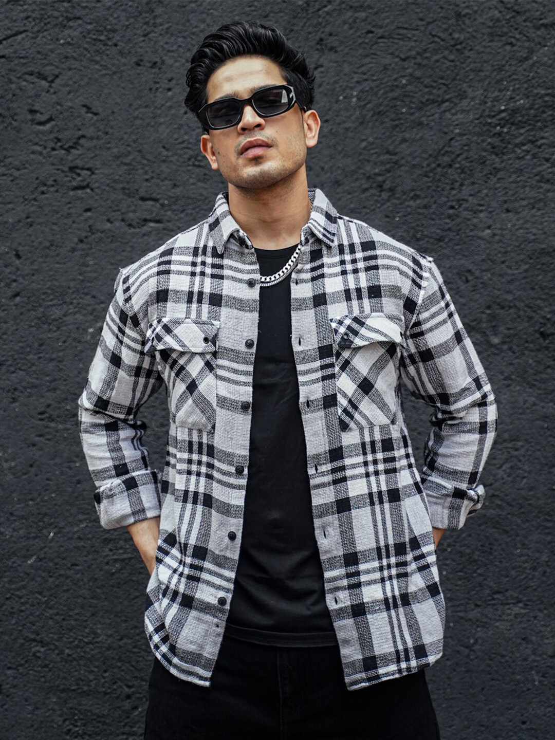 

Powerlook Grey Oversized India Slim Fit Tartan Checked Casual Pure Cotton Shirt