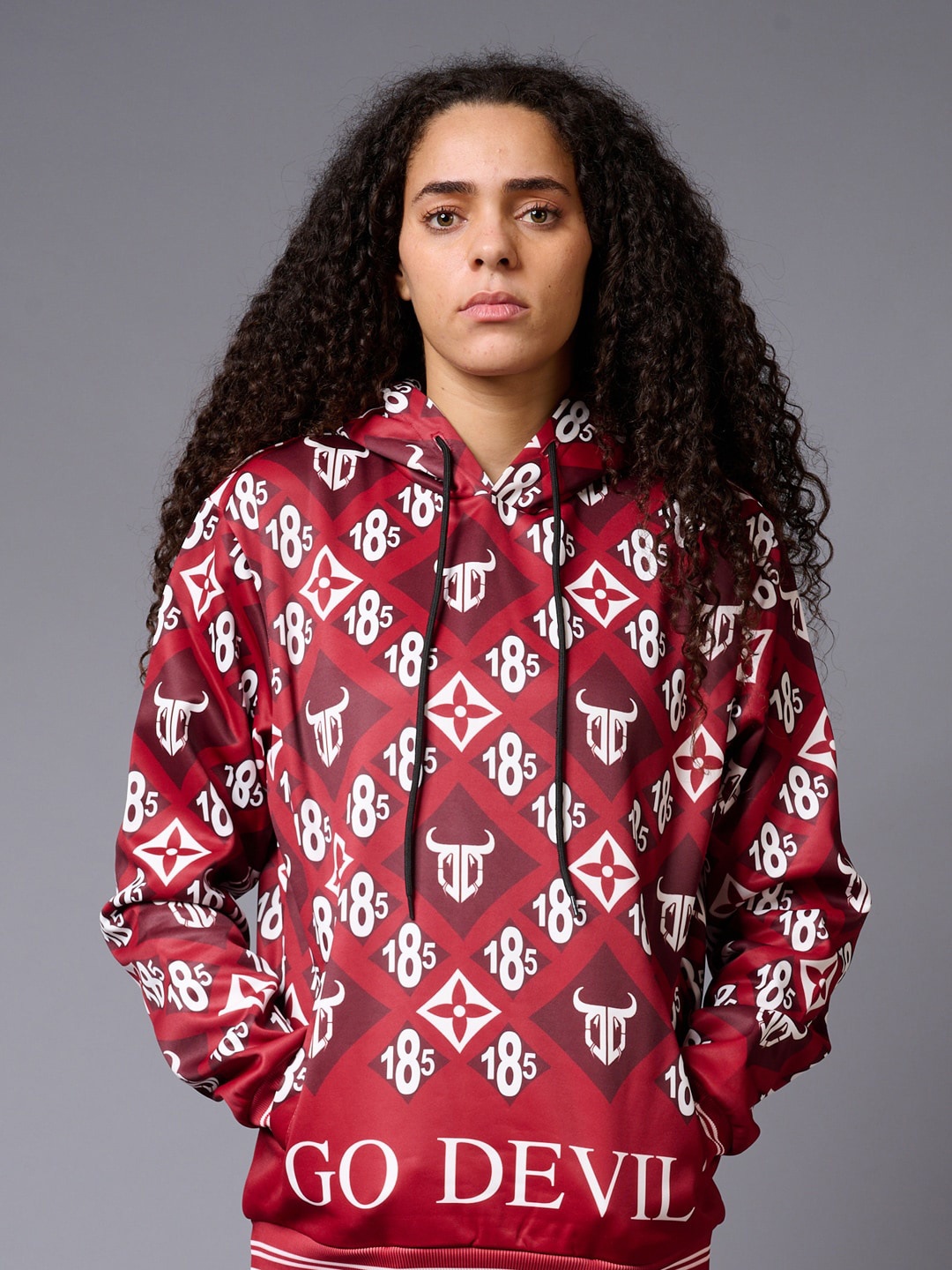 

GO DEVIL Geometric Printed Hooded Cotton Pullover Sweatshirt, Red