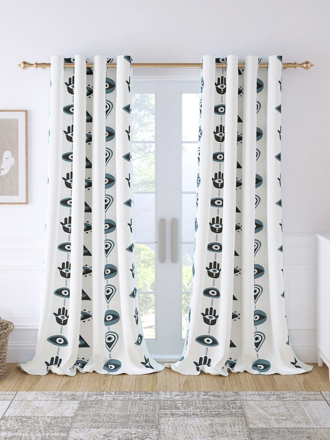 Story@home Bohemian Grey & White 2 Pieces Abstract Room Darkening Door Curtains