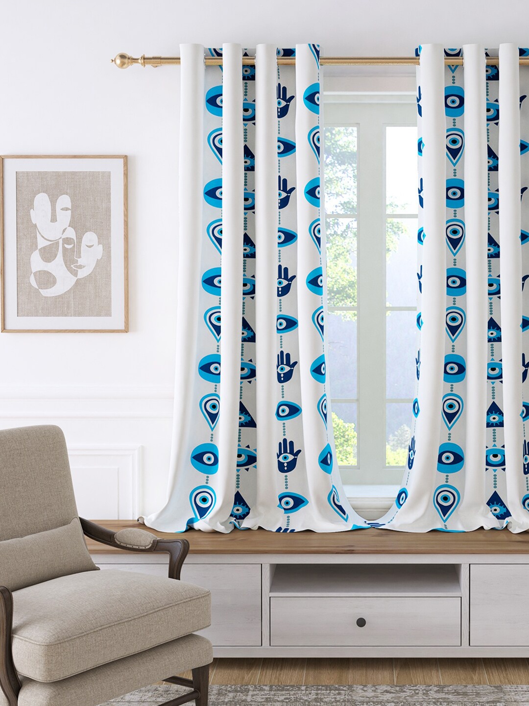 

Story@home Blue & White Geometric Room Darkening Window Curtain