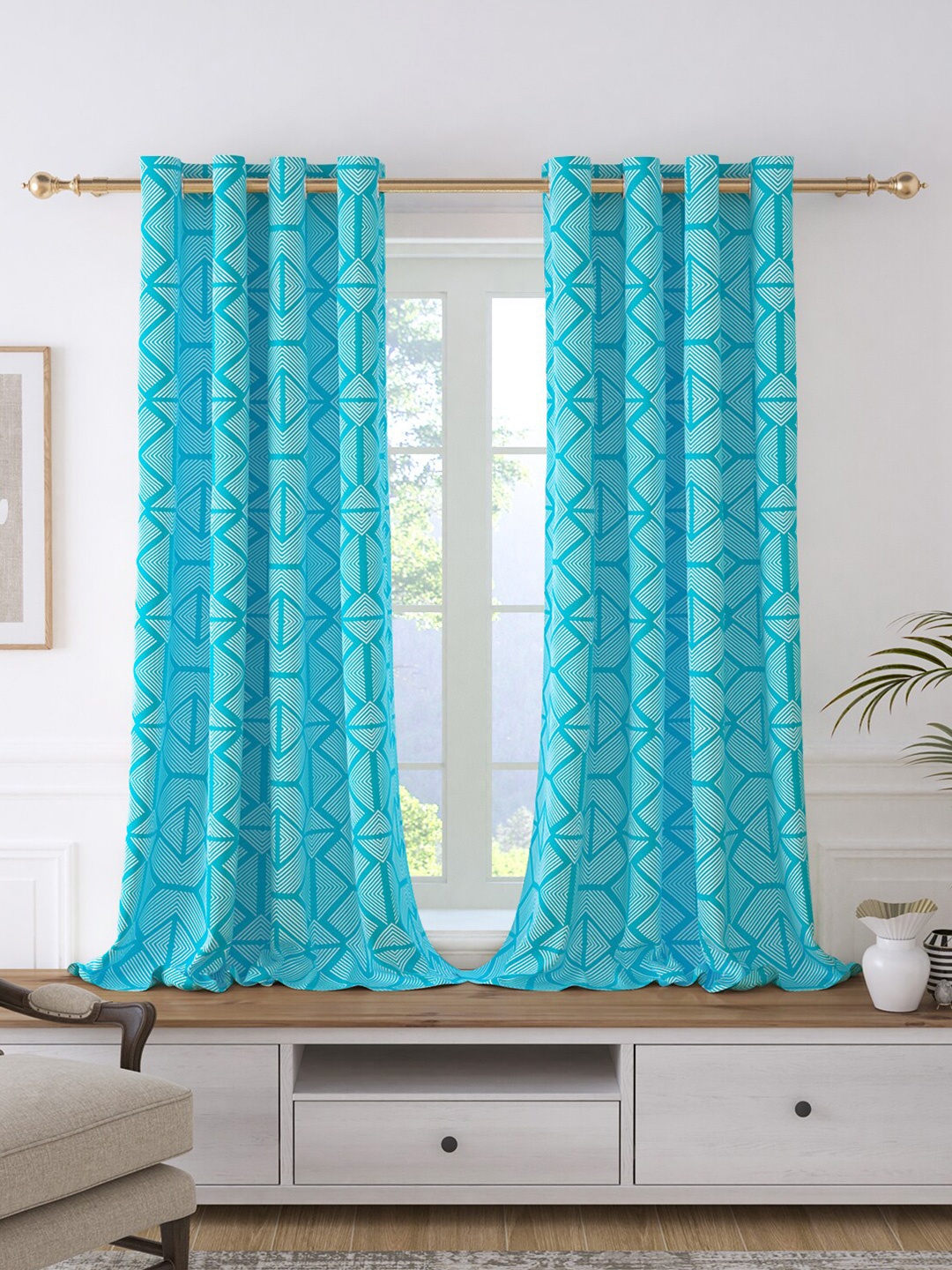 

Story@home Bohemian Blue 2 Pieces Abstract Room Darkening Cotton Window Curtains