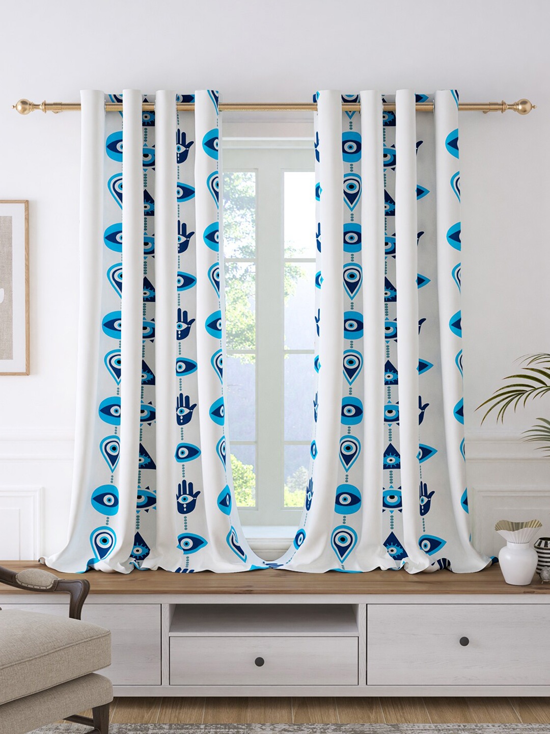 

Story@home Bohemian Blue & White 2 Pieces Geometric Cotton Room Darkening Window Curtains