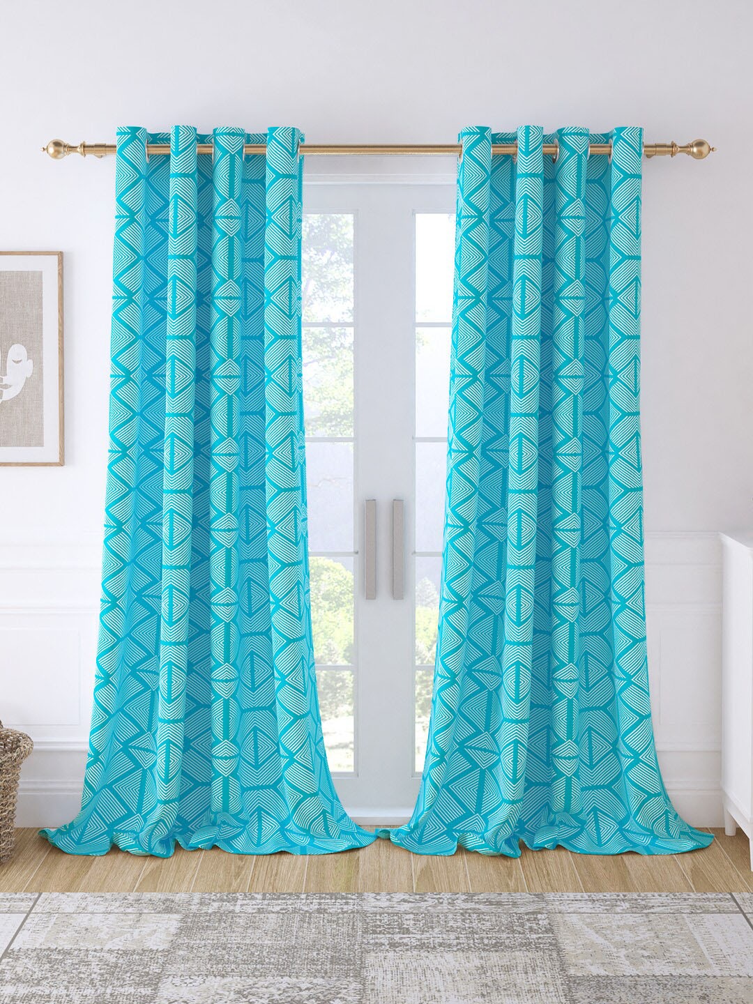 Story@home Blue & Cream 2 Pieces Geometric Room Darkening Long Door Curtains