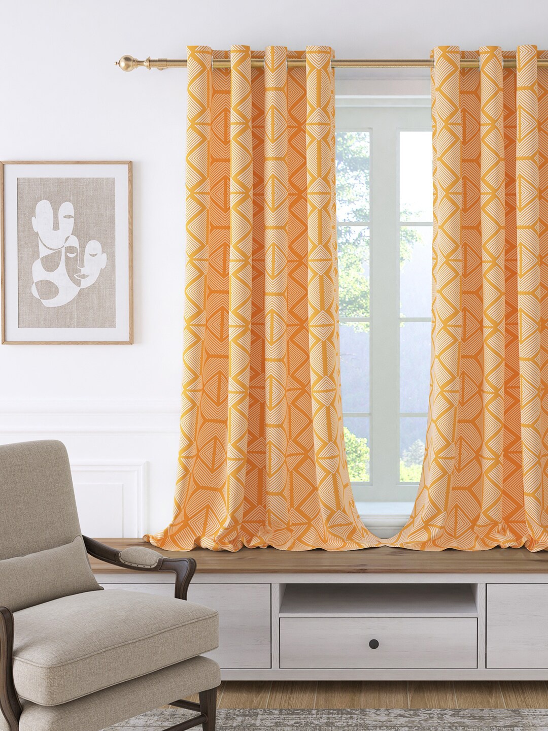 

Story@home Orange & White Geometric Room Darkening Window Curtain