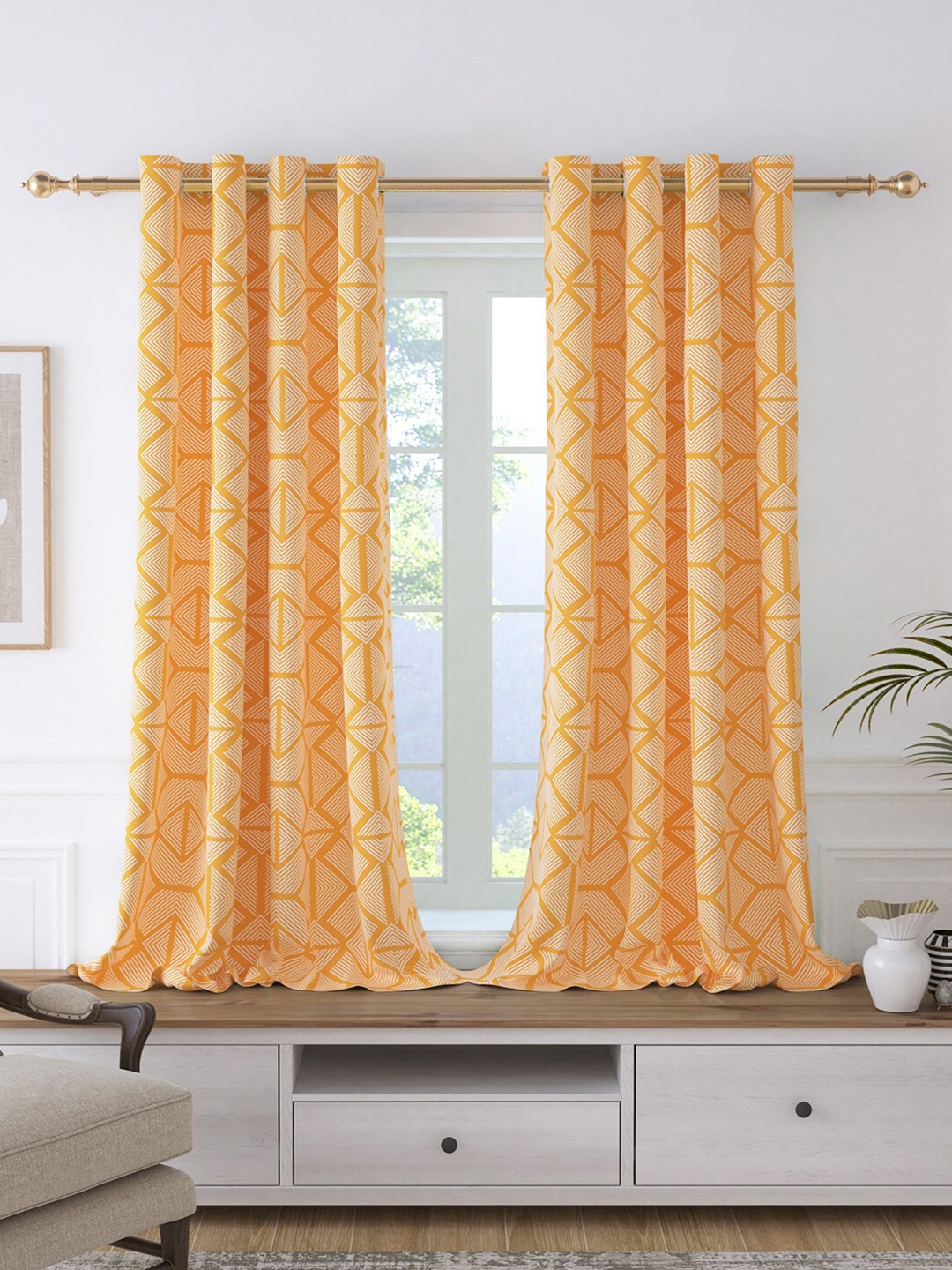 

Story@home Orange & White 2 Pieces Geometric Room Darkening Window Curtains