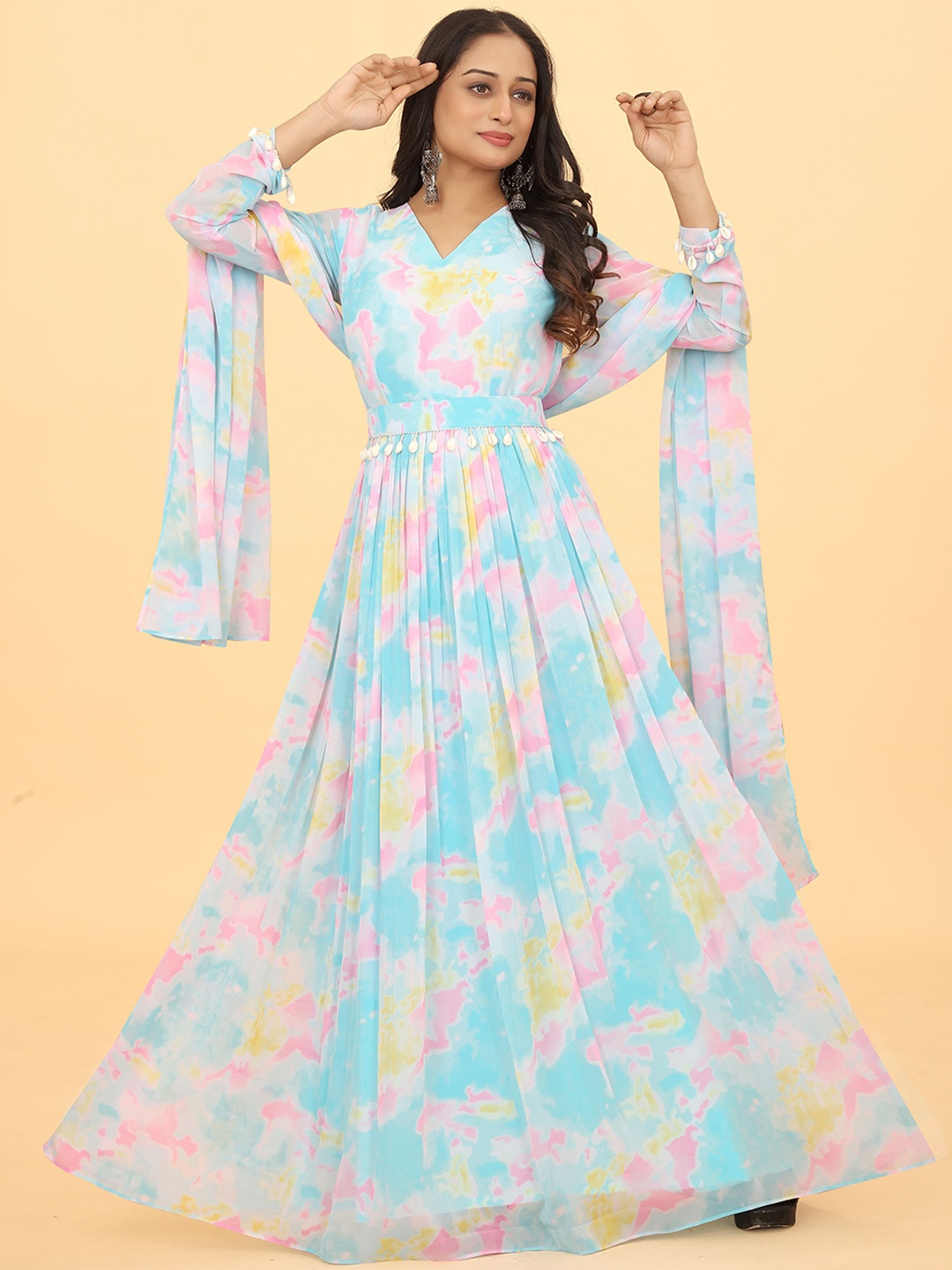 

CHANSI Abstract Printed Pleated Maxi Ethnic Dresses With Dupatta, Blue
