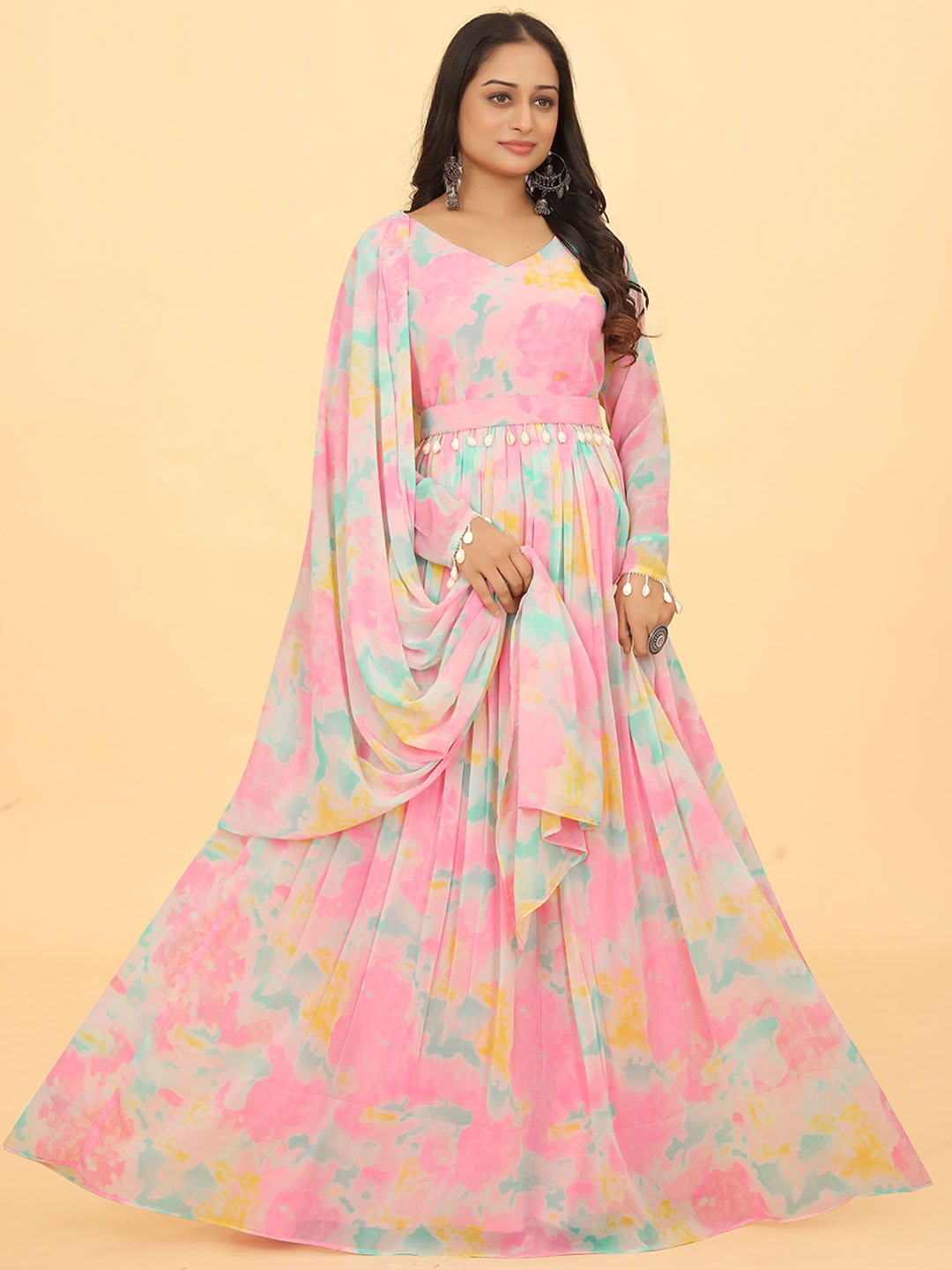 

CHANSI Abstract Printed Pleated Maxi Ethnic Dresses With Dupatta, Pink