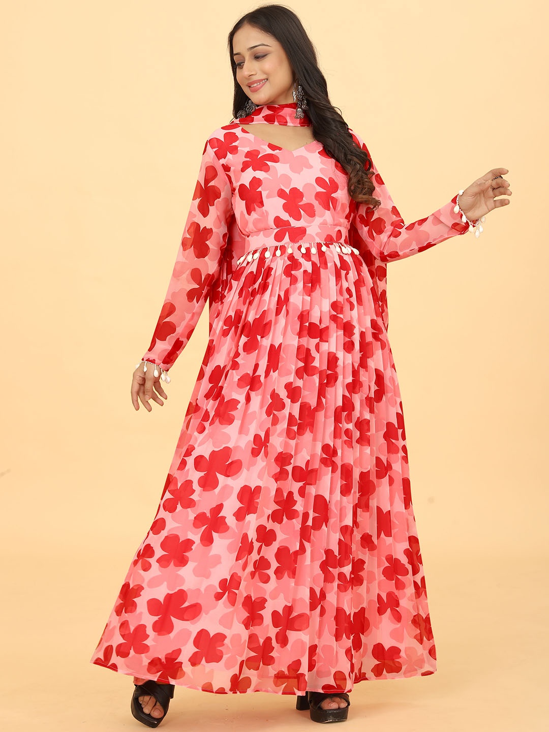 

CHANSI Floral Print Georgette Gown Maxi Ethnic Dress With Dupatta, Red