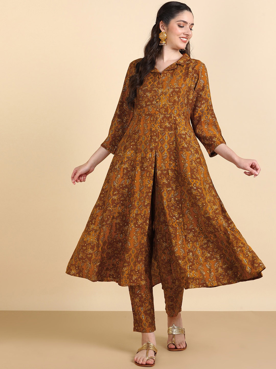 

HERE&NOW Mustard Yellow Ethnic Motifs Printed A-Line Kurta With Trousers
