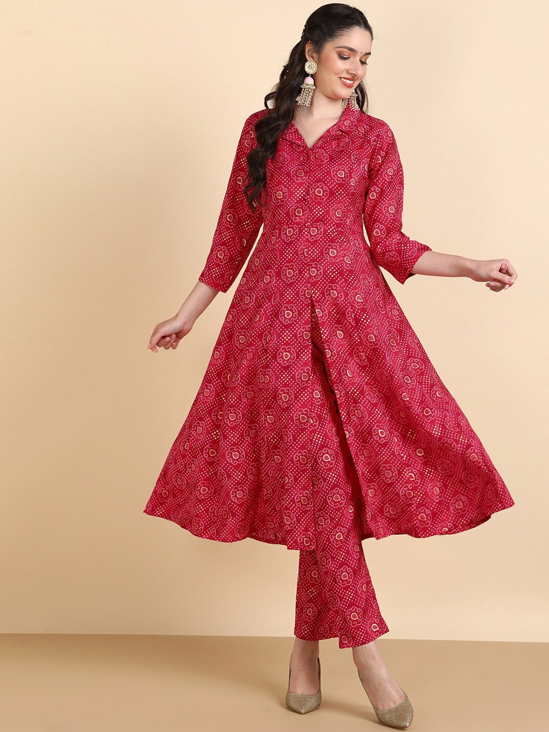 

HERE&NOW Bandhani Printed Panelled Kurta with Pyjama, Red