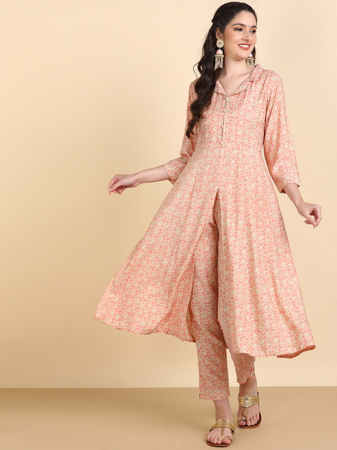 

HERE&NOW Floral Printed A-Line Kurta with Trousers, Pink