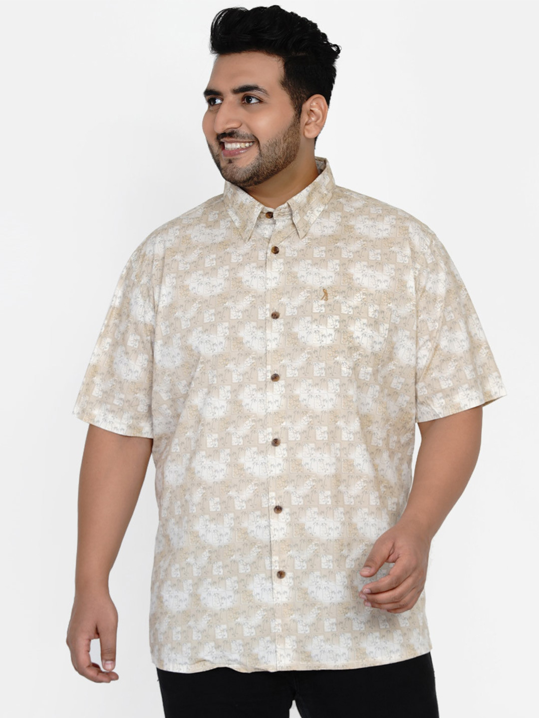

Santonio Classic Plus Size Floral Printed Spread Collar Chest Pocket Pure Cotton Shirt, Beige