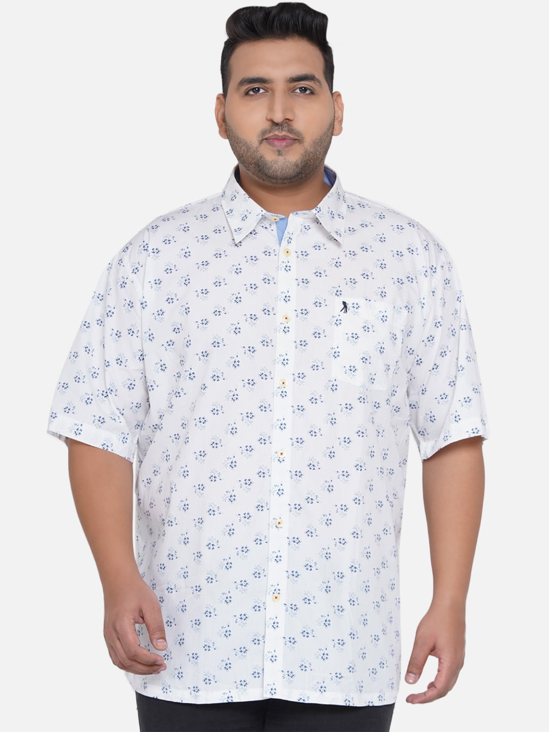

Santonio Classic Plus Size Floral Printed Spread Collar Chest Pocket Pure Cotton Shirt, White