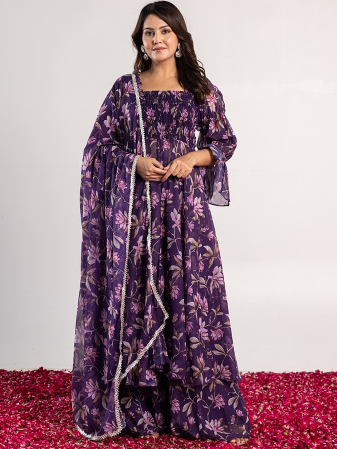 

OneWe Floral Printed Regular Silk Chiffon Kurta With Sharara & Dupatta, Purple