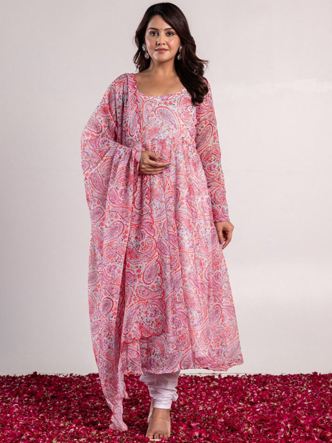 

OneWe Paisley Printed Anarkali Linen Kurta with Churidar & With Dupatta, Pink