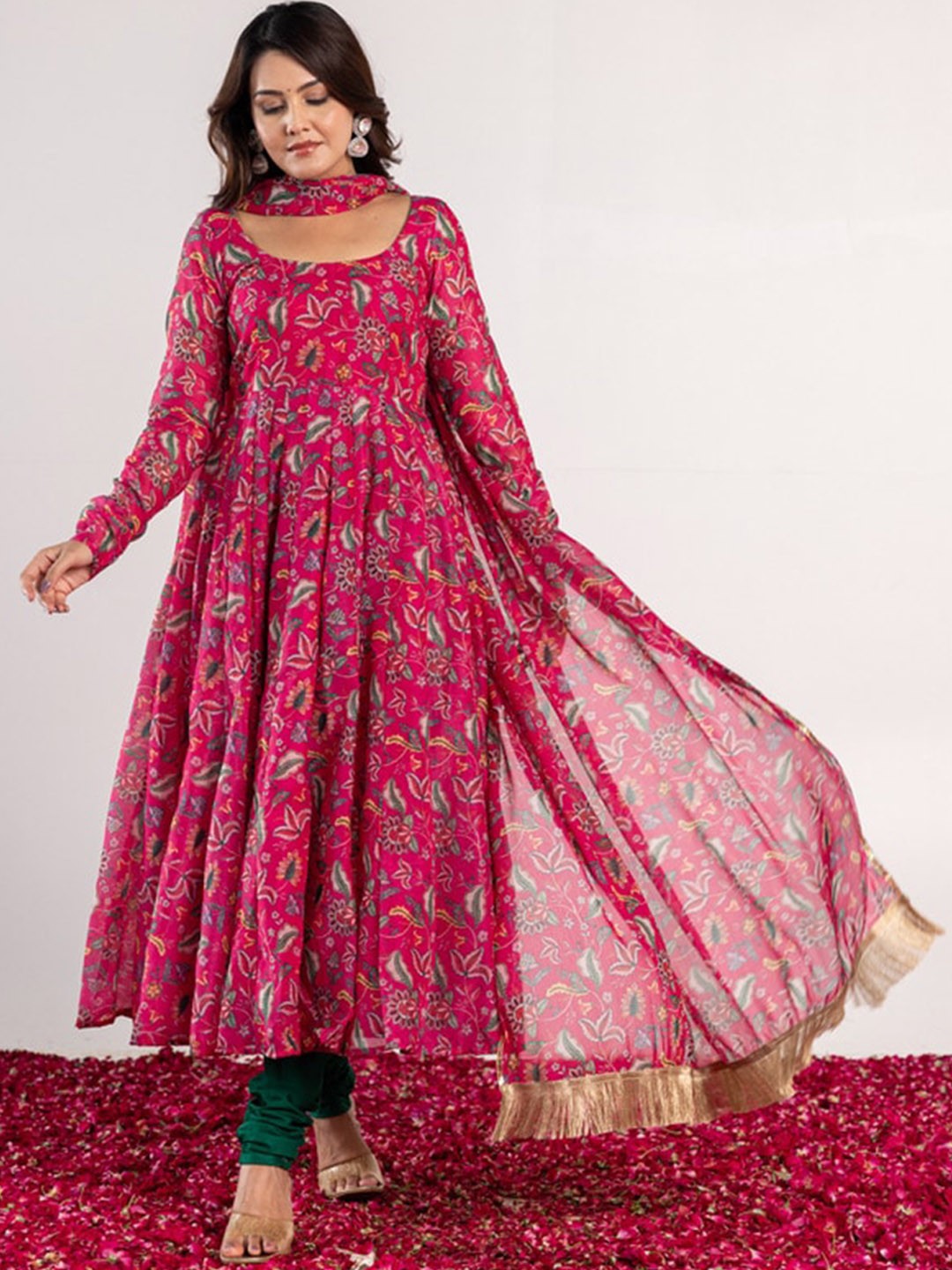 

OneWe Ethnic Motif Printed Regular Anarkali Kurta & Churidar With Dupatta, Pink