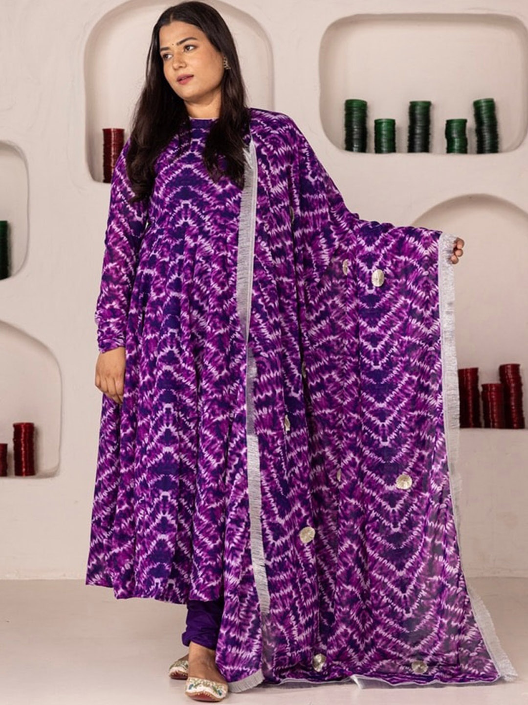 

OneWe Chevron Printed Empire Gotta Patti Kurta With Churidar & Dupatta, Purple