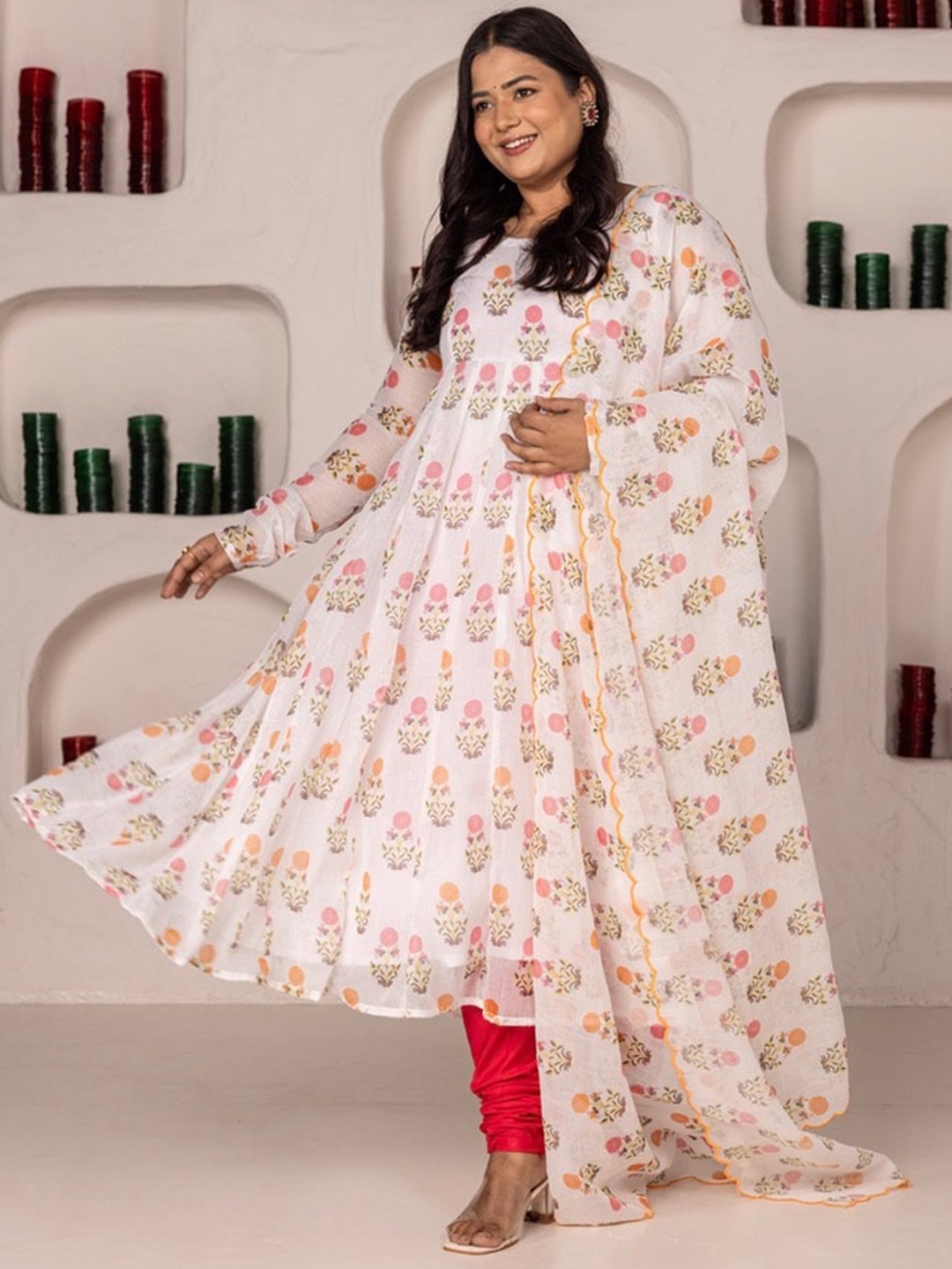 

OneWe Floral Printed Regular Linen Kurta With Churidar & Dupatta, White