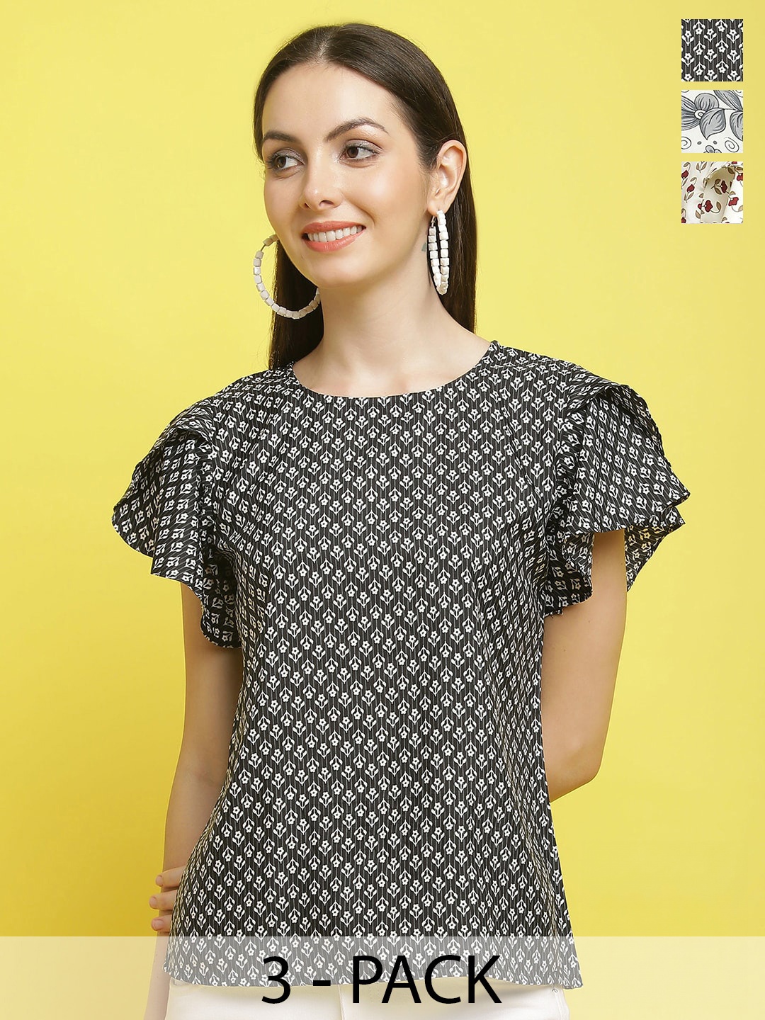 

Poshyaa Pack Of 4 Floral Printed Flutter Sleeves Empire Top, Black