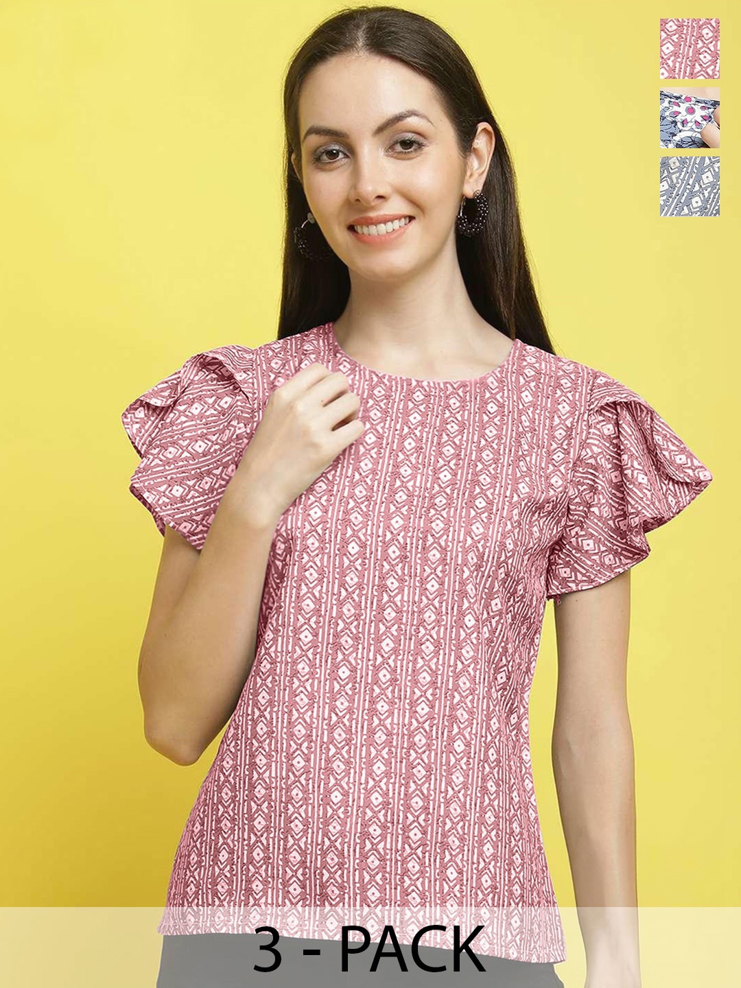

Poshyaa Pack Of 4 Floral Printed Flutter Sleeves Top, Pink