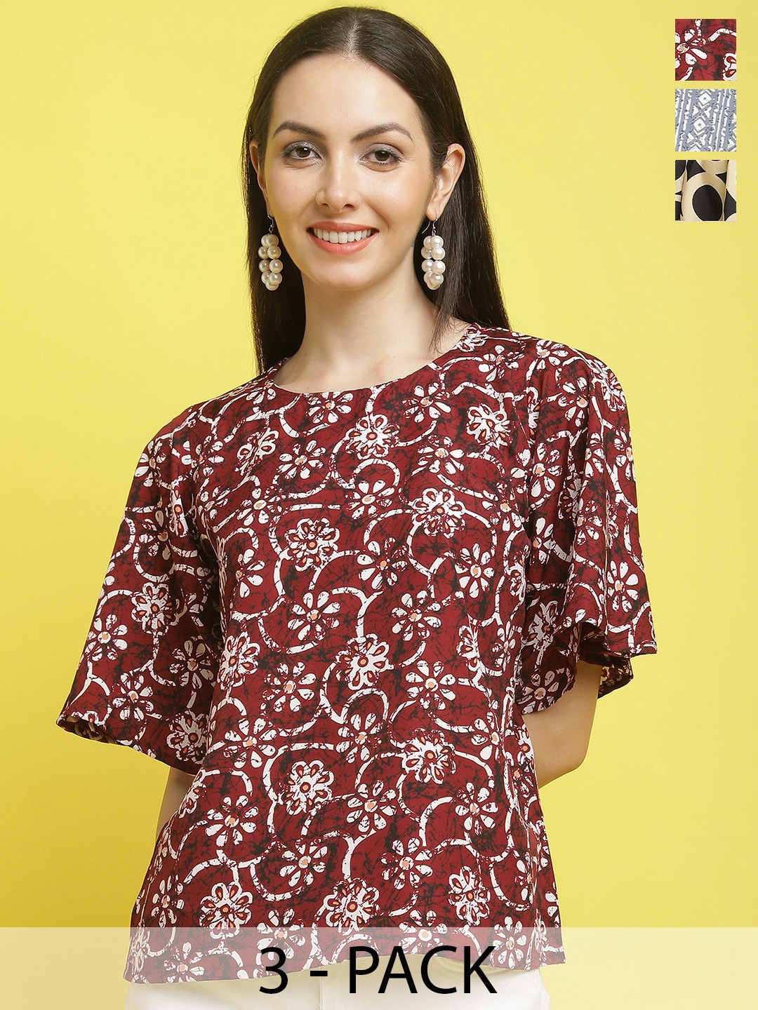

Poshyaa Pack Of 4 Floral Print Flared Sleeves Tops, Maroon