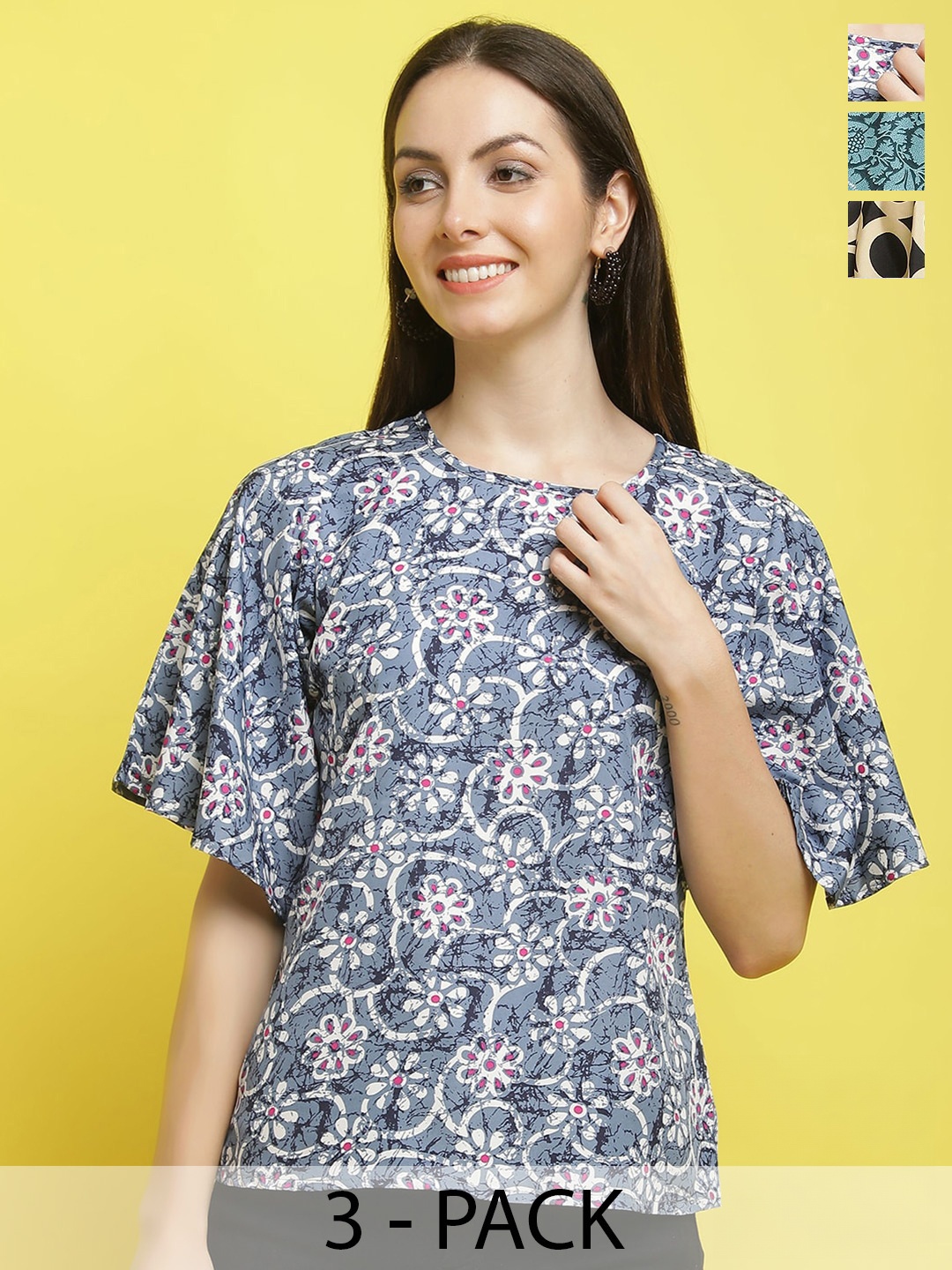 

Poshyaa Pack Of 4 Floral Printed Crepe Top, Blue