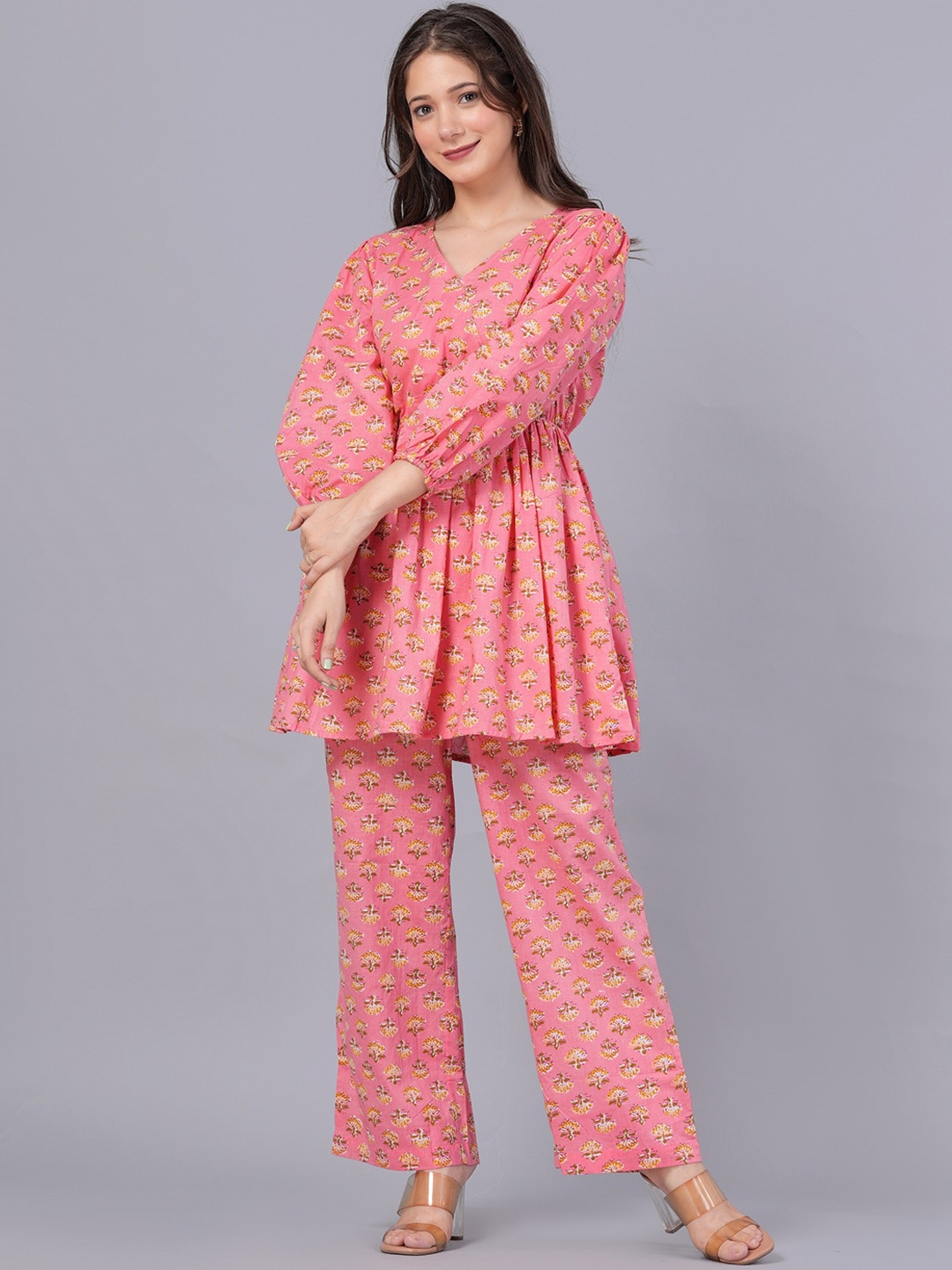 

KUROCK Ethnic Motifs Printed Pure Cotton Co-Ords, Peach
