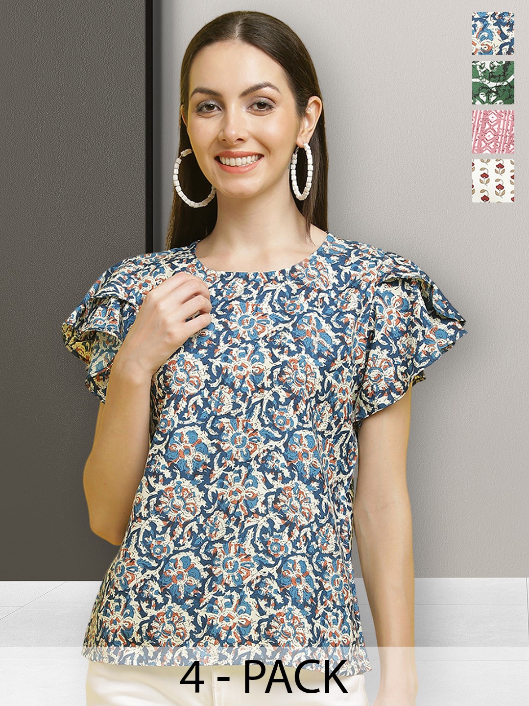 

Poshyaa Multicoloured Print Flutter Sleeve Crepe Top, Multi