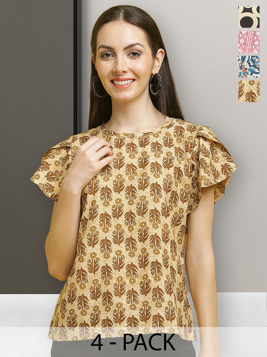 

Poshyaa Multicoloured Print Flutter Sleeve Crepe Top, Multi