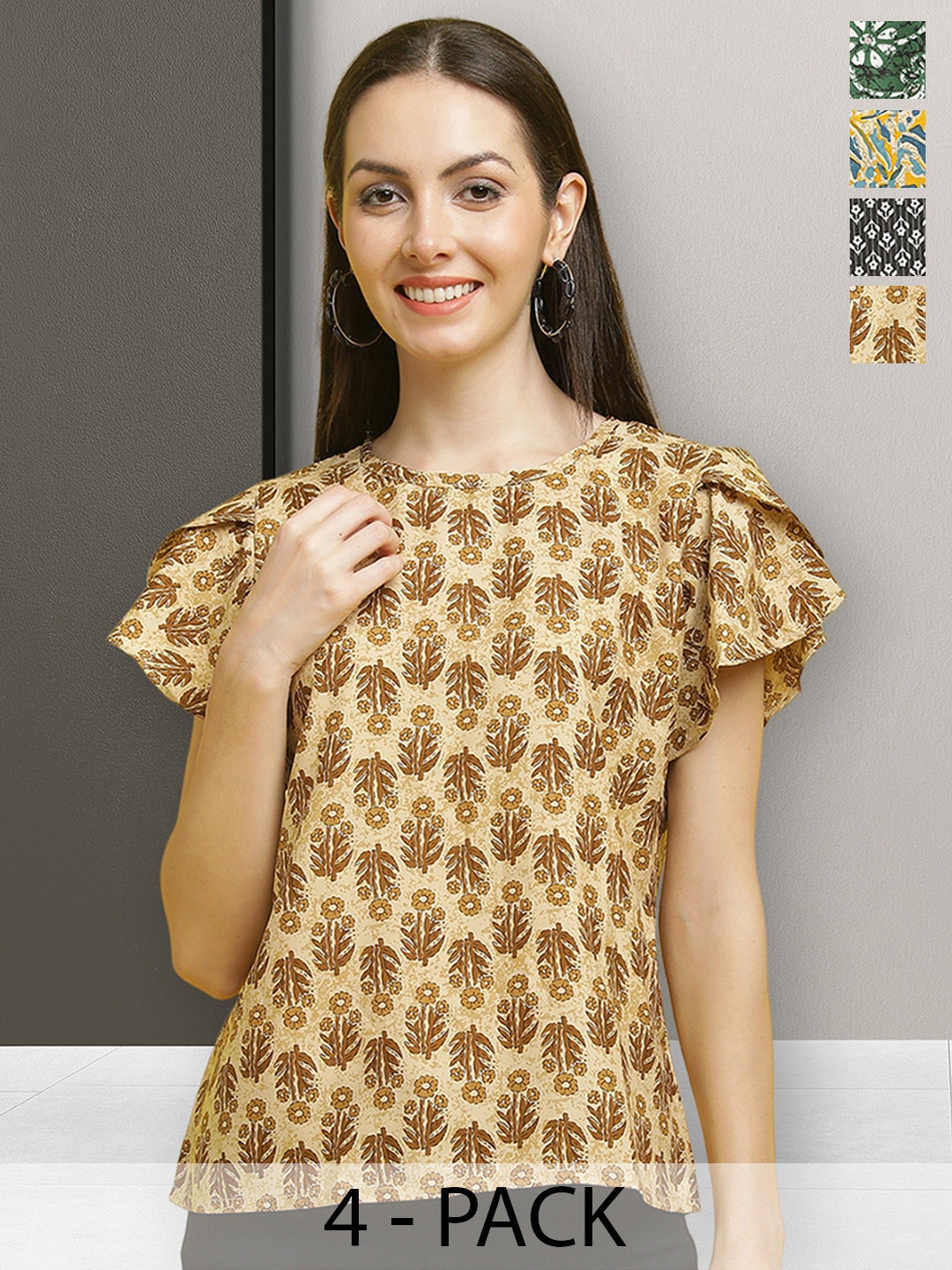 

Poshyaa Pack Of 4 Floral Print Flared Sleeves Tops, Mustard