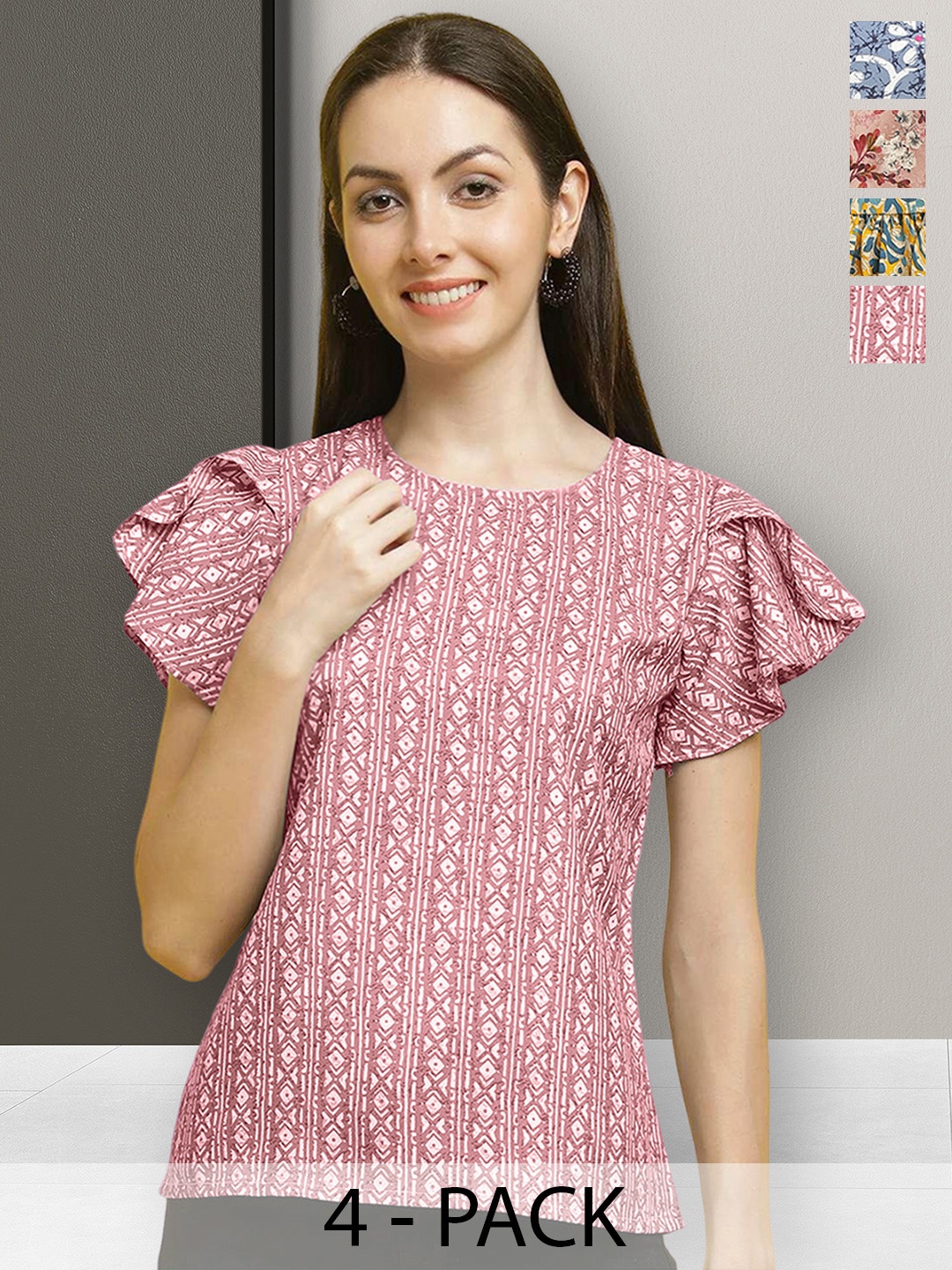 

Poshyaa Pack Of 4 Floral Printed Crepe Top, Blue