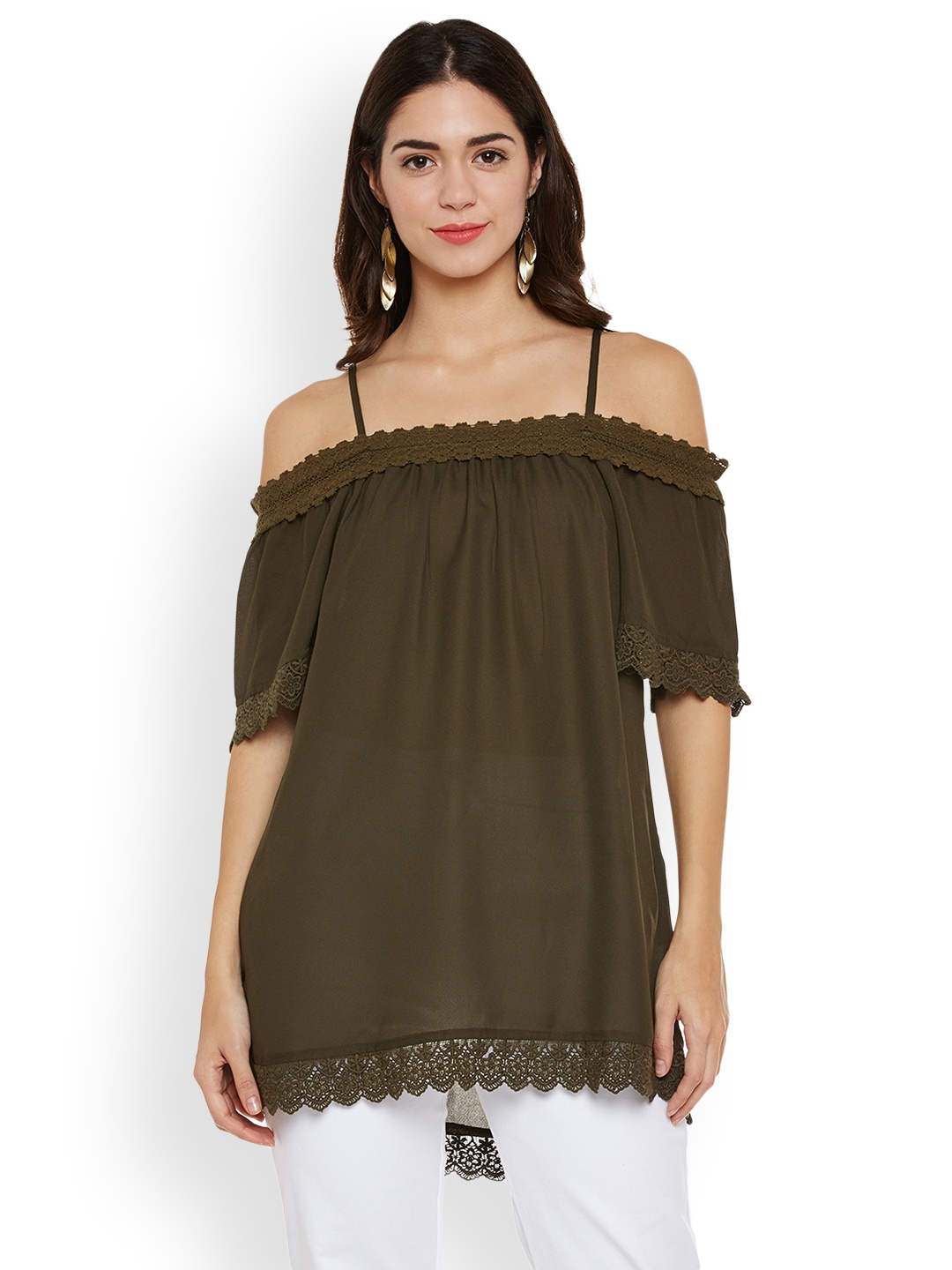 

Oxolloxo Women Olive Green Solid A-Line Off Shoulder Top