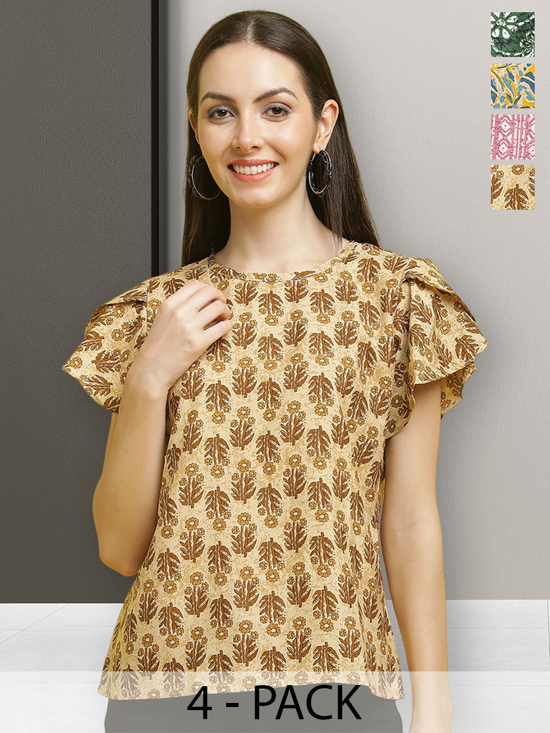 

Poshyaa Pack Of 4 Floral Printed Flutter Sleeves Empire Top, Pink