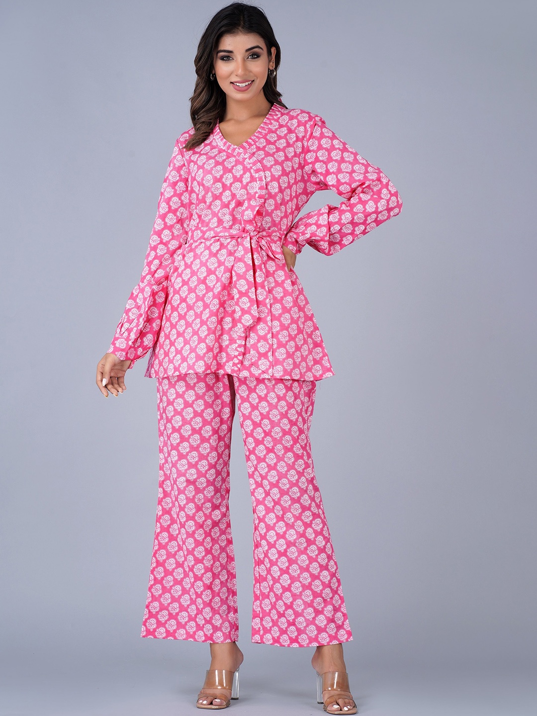 

KUROCK Ethnic Motifs Printed Pure Cotton Co-Ords, Pink