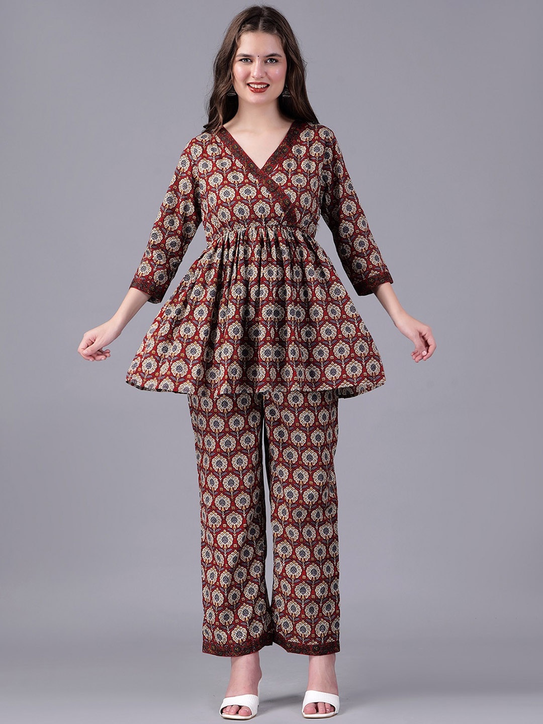 

KUROCK Ethnic Motifs Printed Pure Cotton Co-Ords, Brown