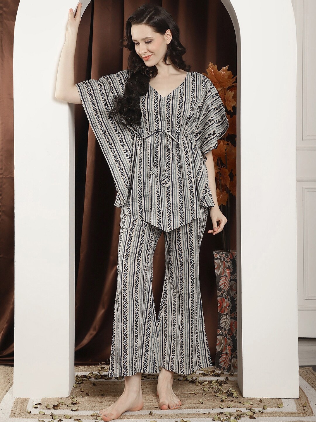 

Claura Striped V-Neck Kaftan Night suit, Beige