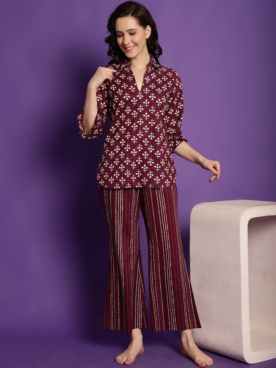 

Claura Maroon & Cream Floral Printed Pure Cotton Night suit