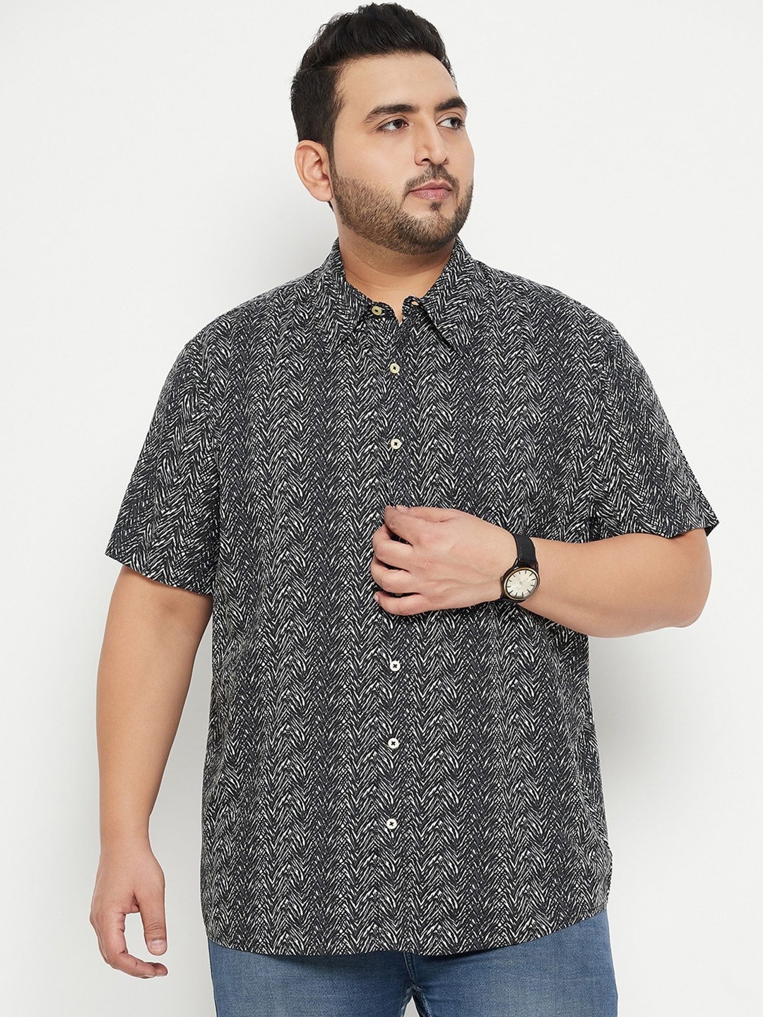 

bigbanana Plus Size Spread Collar Floral Printed Casual Shirt, Black