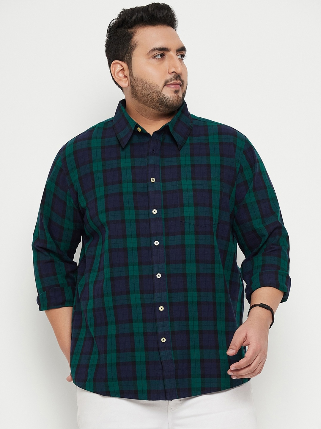 

bigbanana Plus Size Checked Classic Cotton Casual Shirt, Green