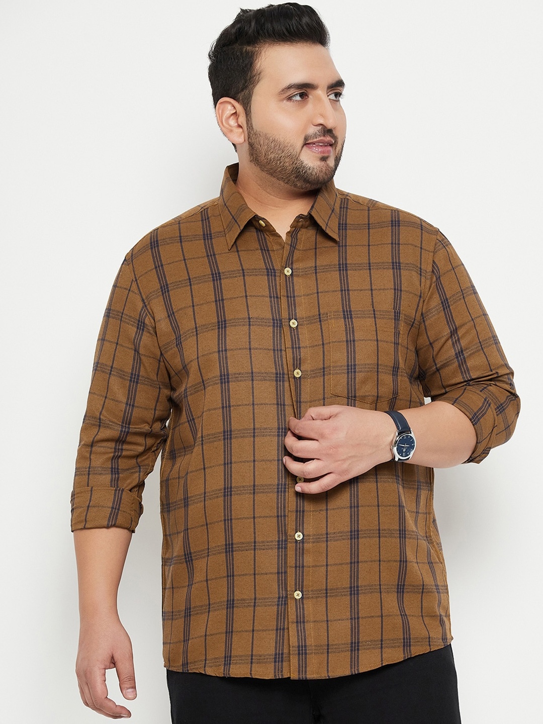 

bigbanana Plus Size Checked Classic Cotton Casual Shirt, Brown