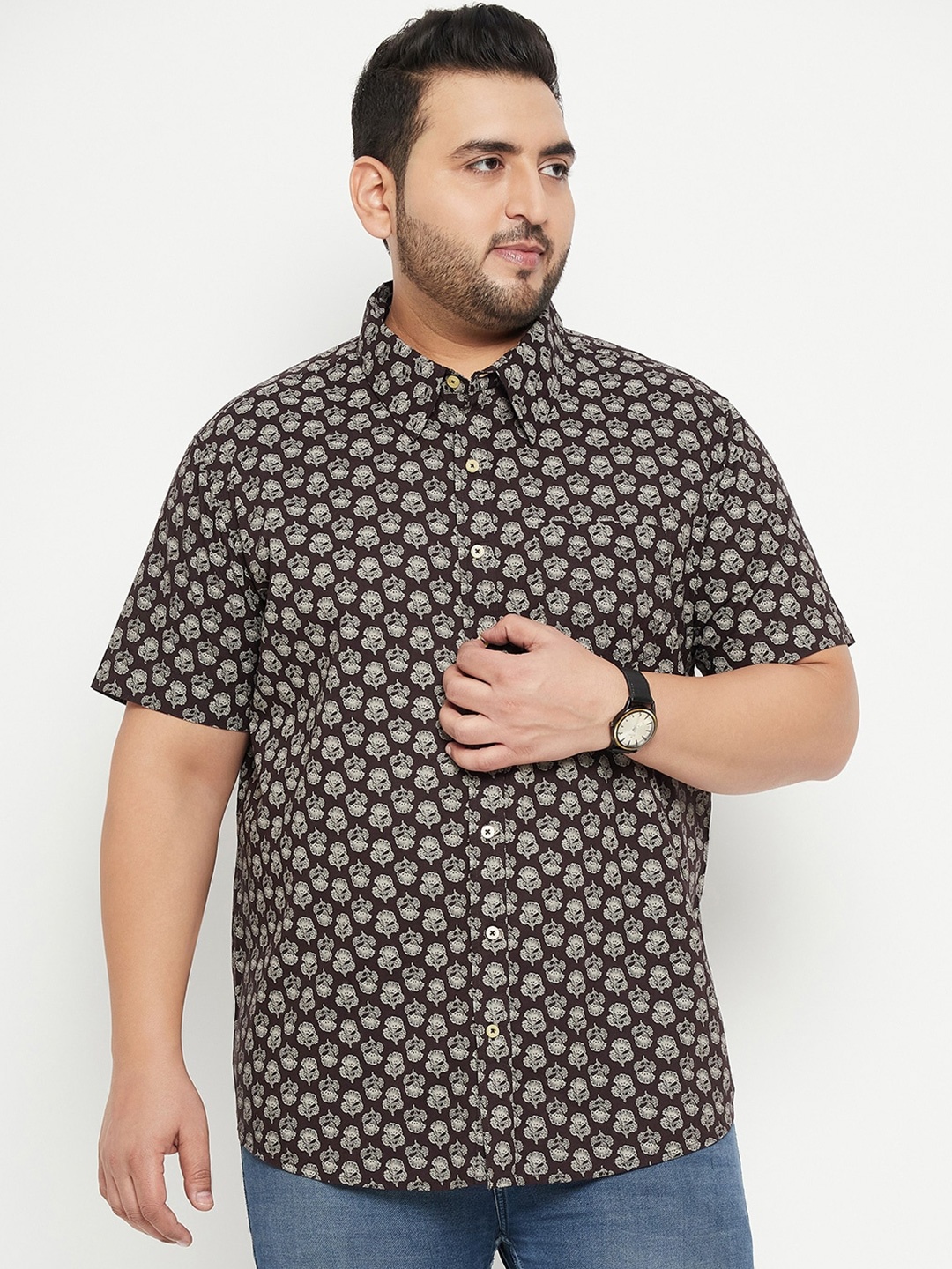 

bigbanana Plus Size Printed Classic Cotton Casual Shirt, Black