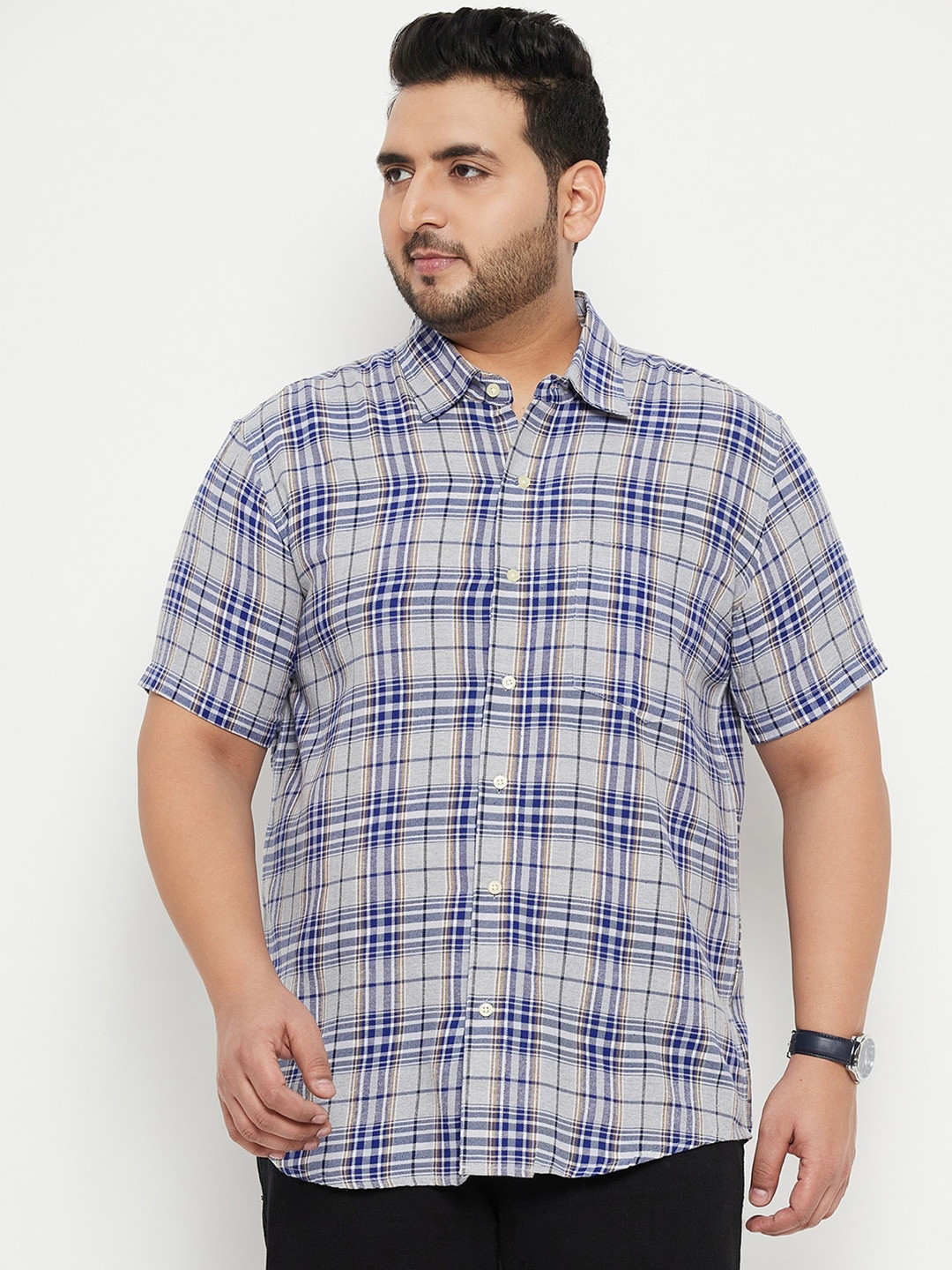 

bigbanana Plus Size Tartan Checked Casual Pure Cotton Shirt, Grey